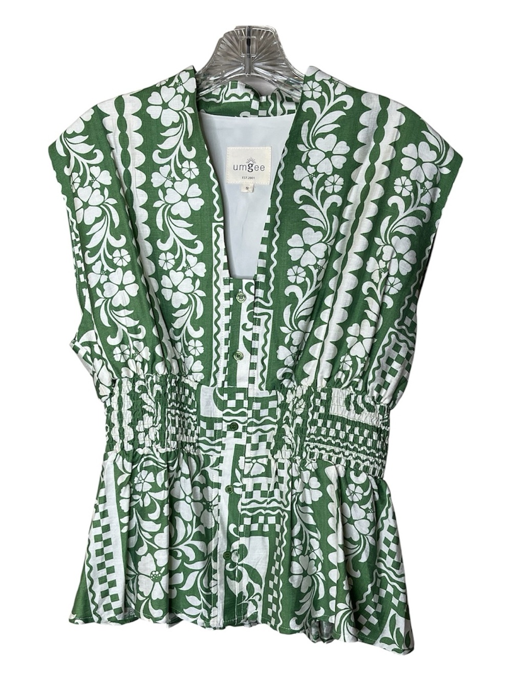 Umgee Green & White Printed Smocked Peplum Top Sz M - Picture 2 of 4